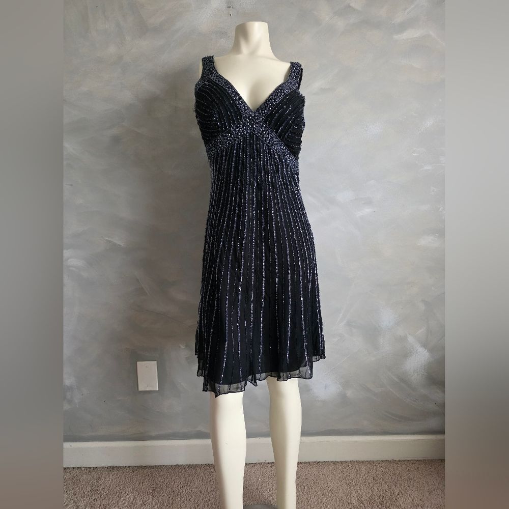 Black Fully Sequin Beaded Flapper Style Cocktail Dress Sleeveless Silk Sz 14 - Picture 2 of 16